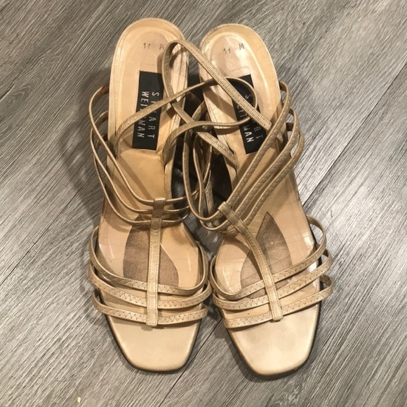 Stuart Weitzman Square Toe Gold Stretch Strap Sandals size 11 - Picture 1 of 8